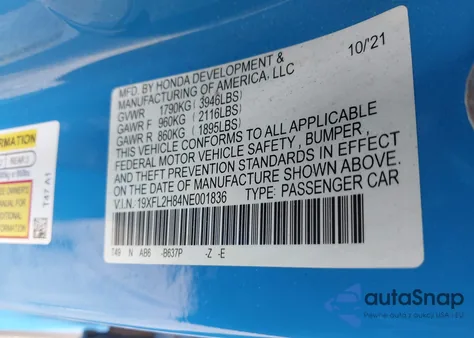 2022 Honda Civic Sport z USA, uszkodzony, nr VIN 19XFL2H84NE001836